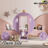 Bellemave® Twin size Wood Platform Car Bed with Stair,Princess Carriage Bed with Crown - Bellemave